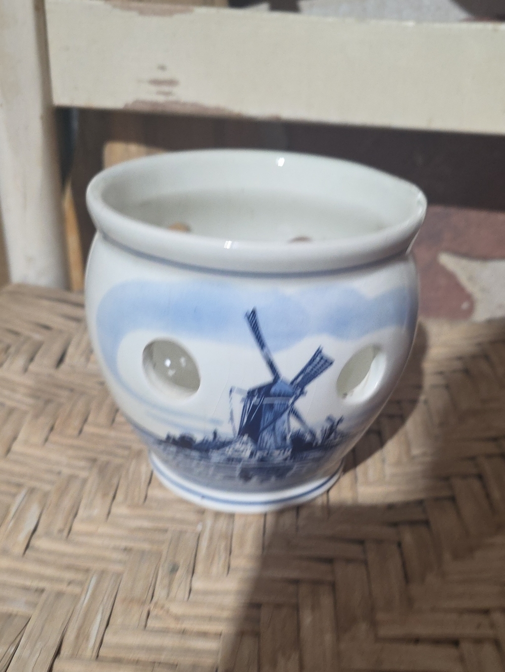 Delft Bulb Planter Blue and White Ceramic Windmill Pot - Decorative Home Art